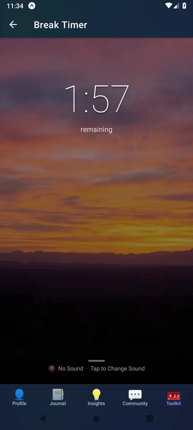 DealtIn Break Timer counting down over a calming sunset background