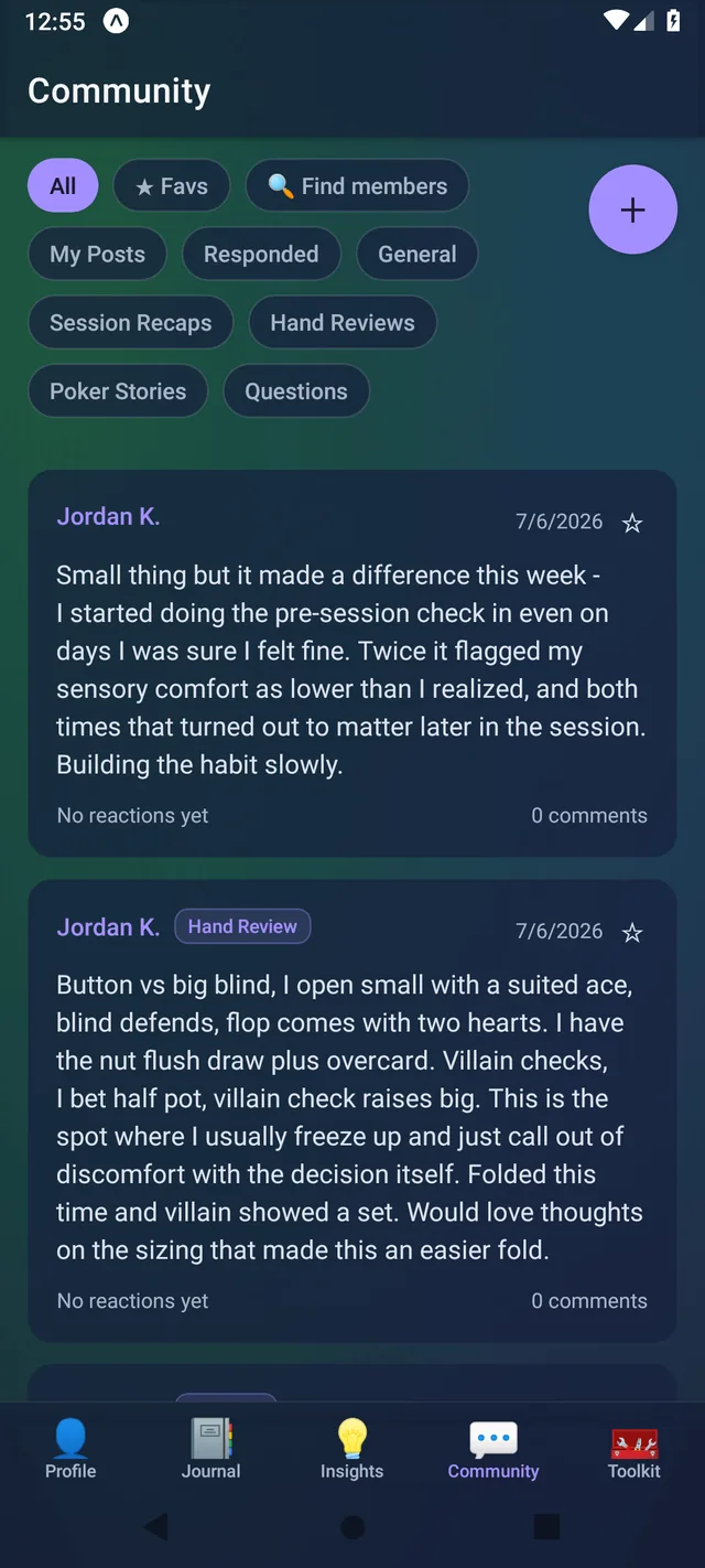 DealtIn community feed showing posts across categories like Hand Review, Poker Story, and Question