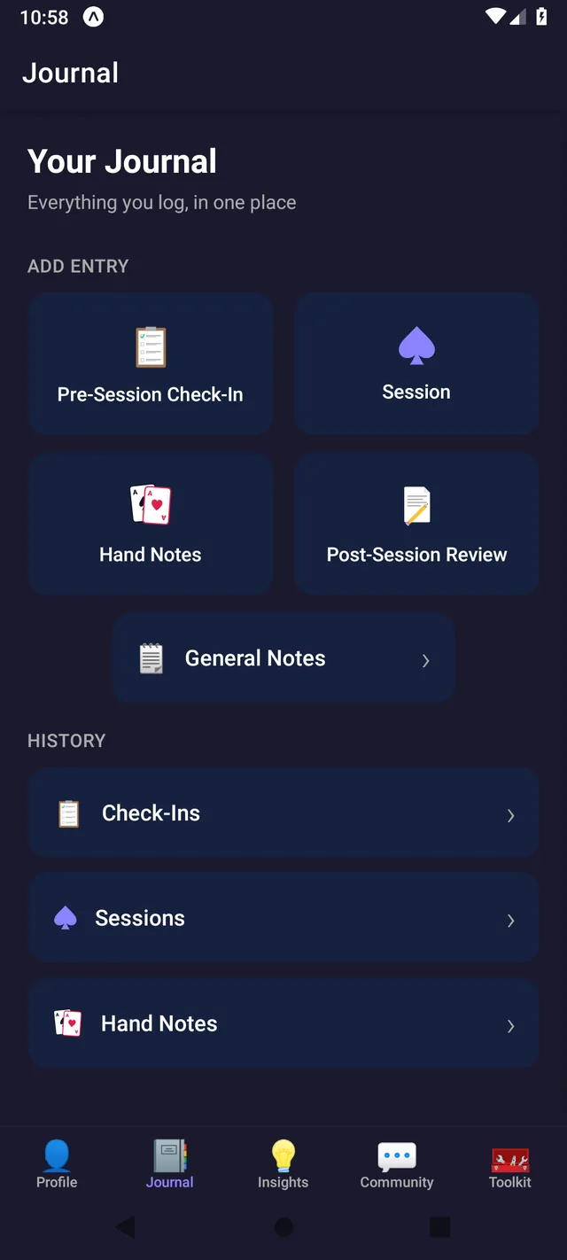 DealtIn Journal screen with Pre-Session Check-In, Session, Hand Note, and Post-Session Review entries